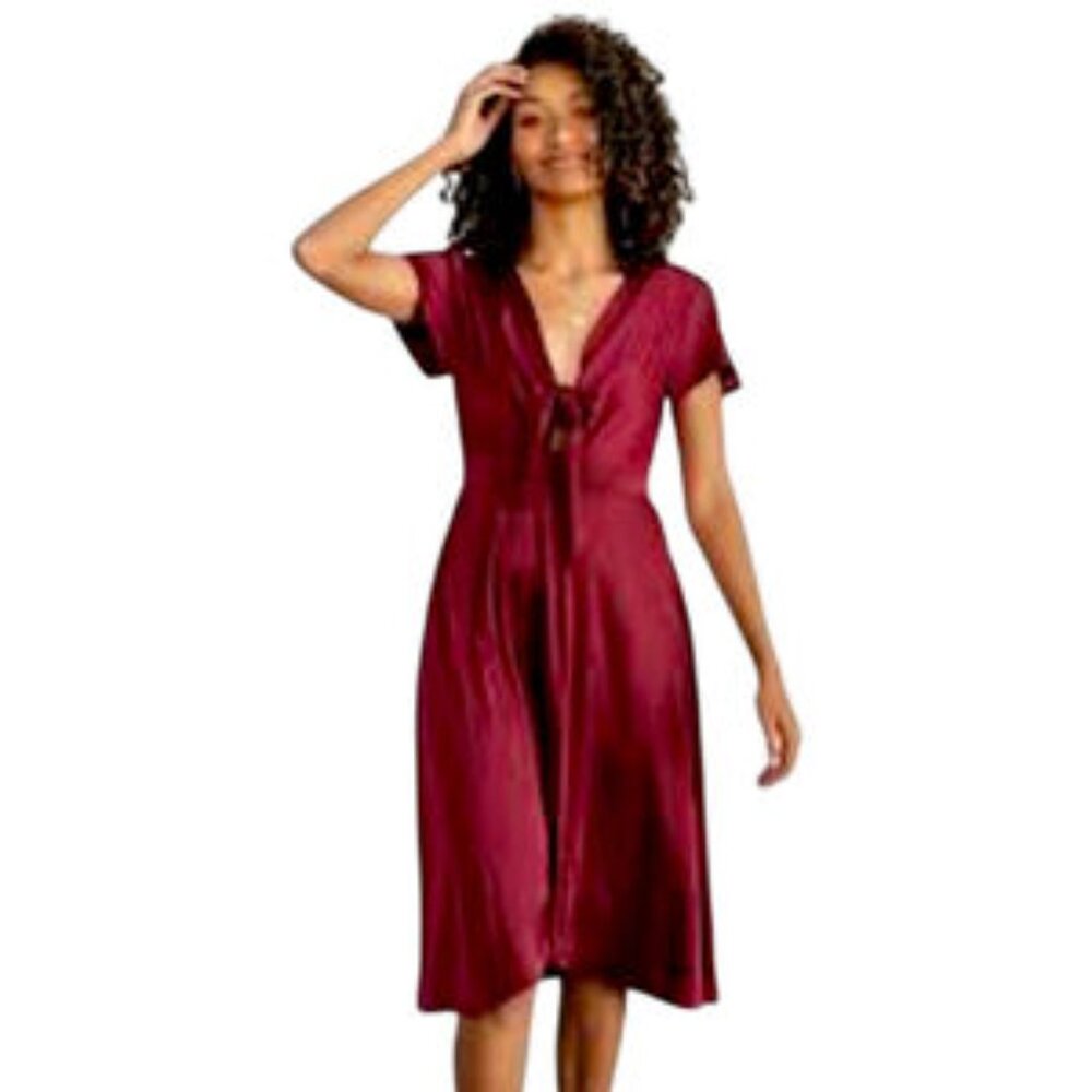 Baltic Born Wine Red Satin Tie Front Midi Dress Short Sleeve Smocked Back Size M